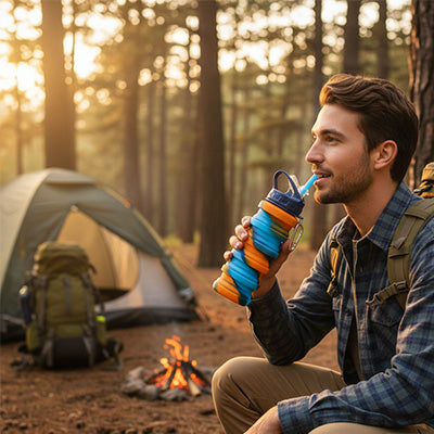 Homme qui boit dans sa gourde pliable pour camping
