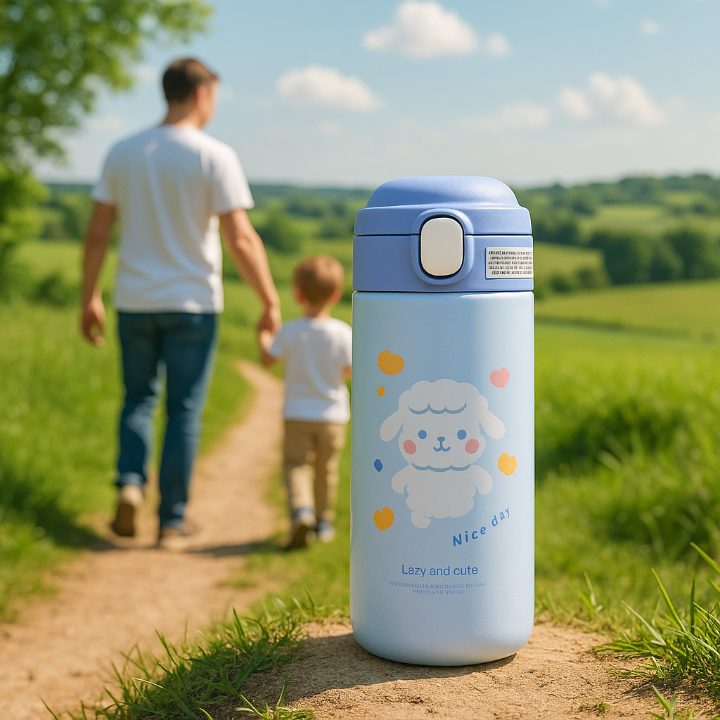 Papa et son fils avec la petite gourde-isotherme enfant