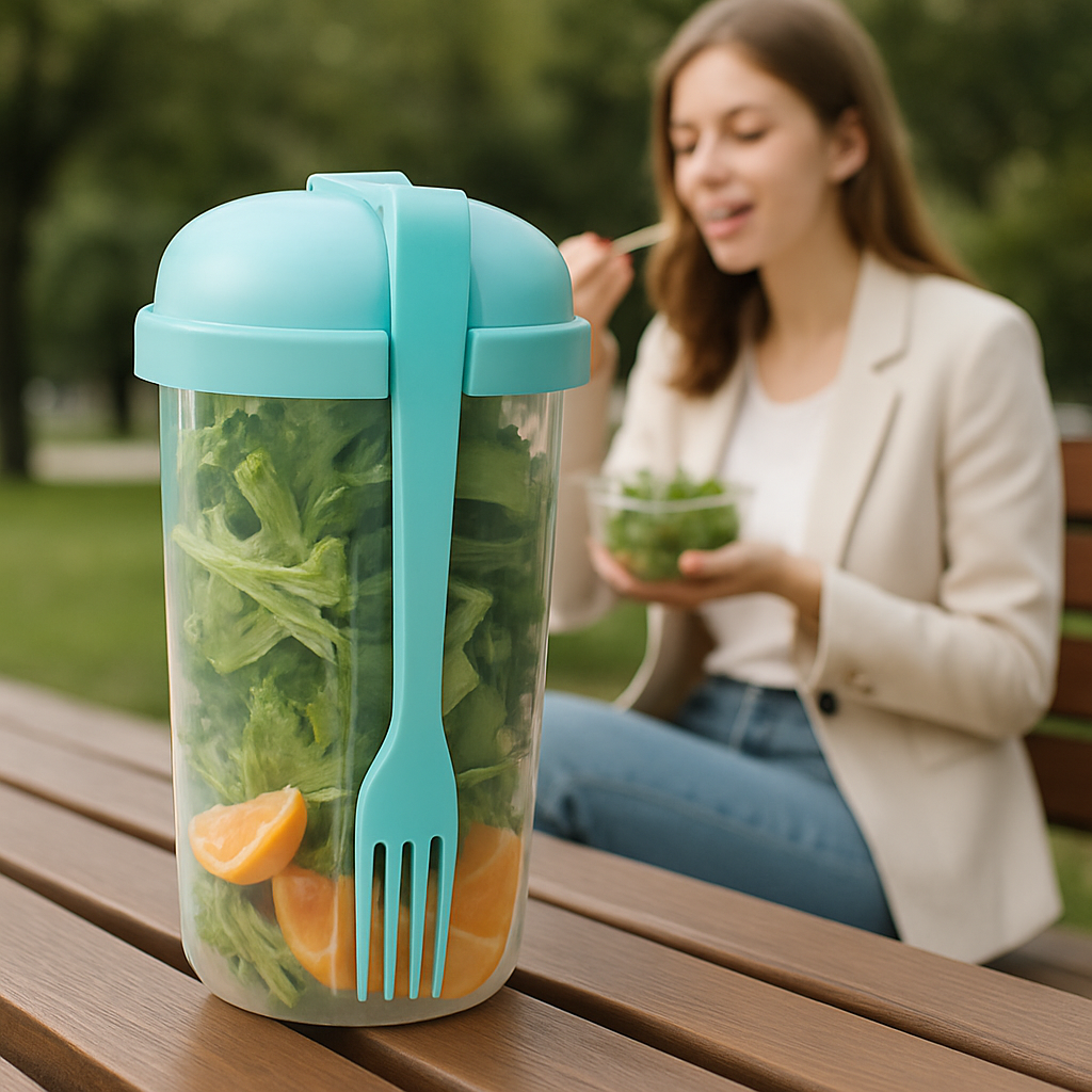 pique-nique au parc avec un shaker salade