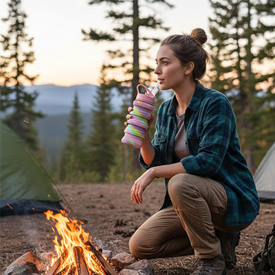 Femme qui boit dans la gourde pliable pour camping
