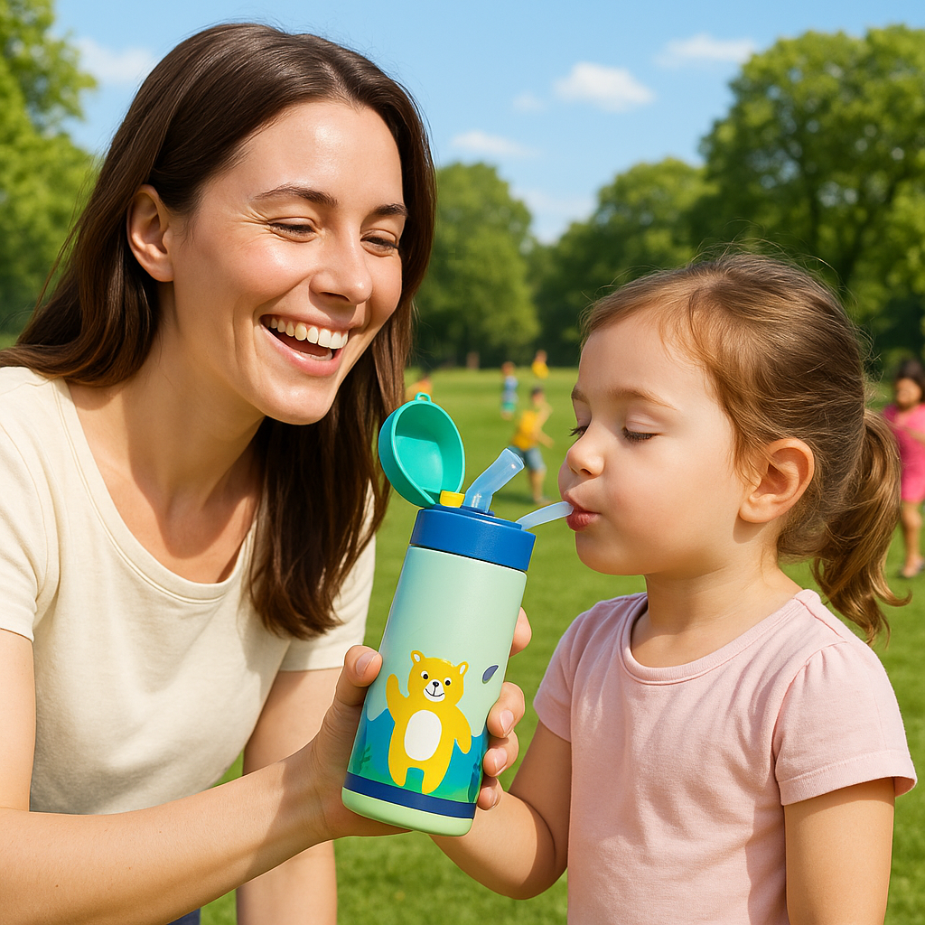 Maman donne à boire à sa fille avec gourde enfant