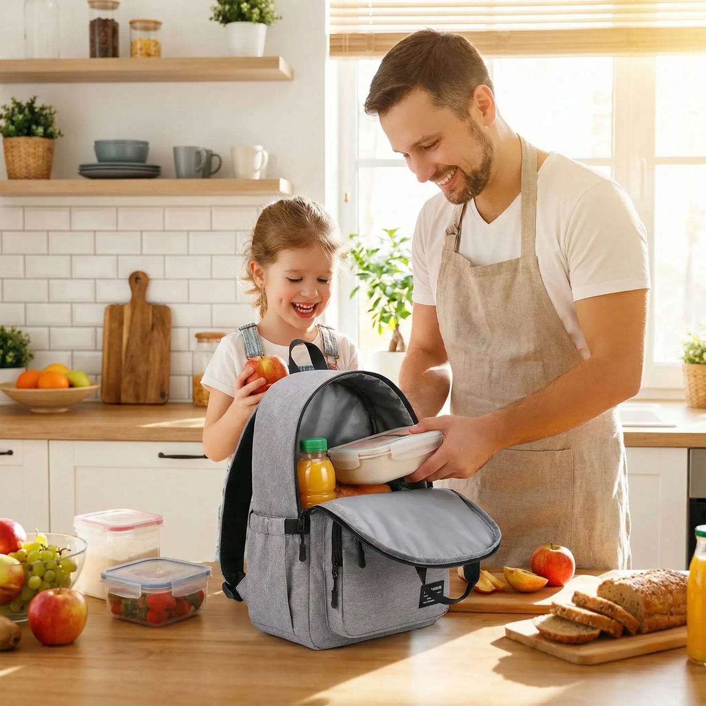 Papa et sa fille préparent le lunch dans le sac à dos isotherme enfant